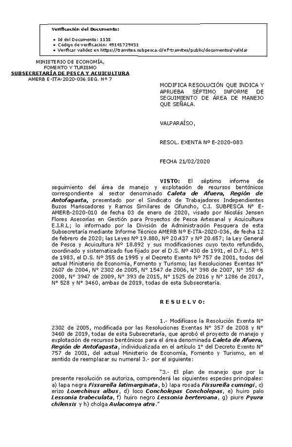 Res Ex N° E-2020-083, Modifica Resolución que indica y Aprueba séptimo informe de seguimiento de área de manejo que señala (Publicado en Página Web 24-02-2020).