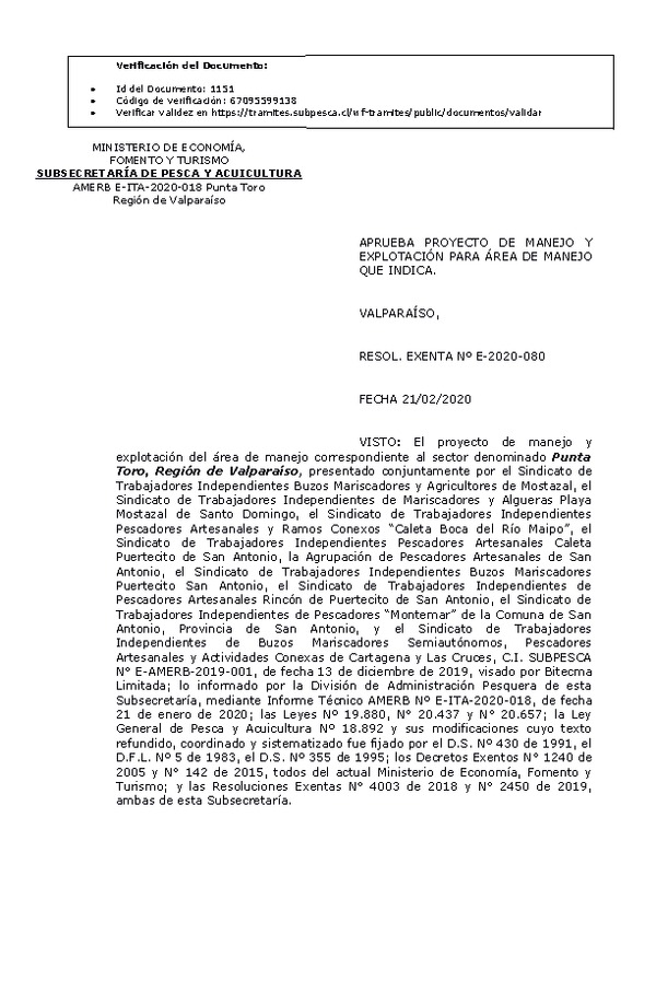 Res Ex N° E-2020-080, Aprueba proyecto de manejo y explotación para área de manejo que indica (Publicado en Página Web 24-02-2020).