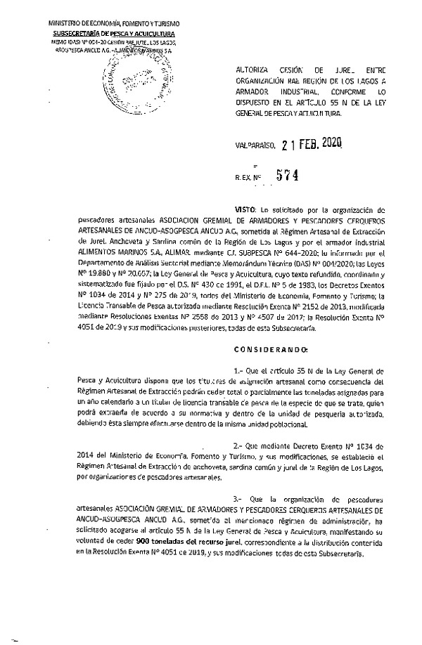 Res Ex N° 574-2020, Autoriza cesión de Jurel entre organización RAE Región de Los Lagos a Armador Industrial, conforme lo dispuesto en el artículo 55 N de la Ley General de Pesca y Acuicultura (Publicado en Página Web 25-02-2020)