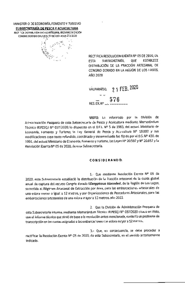 Res Ex N° 576-2020, Rectifica Resolución Exenta N° 05 de 2020, de esta Subsecretaría, Que establece distribución de la Fracción Artesanal de Congrio Dorado en la Región de Los Lagos, año 2020 (Publicado en Página Web 25-02-2020) (F.D.O. 03-03-2020).