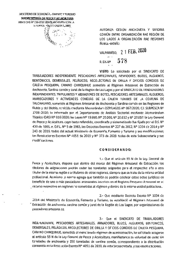 Res Ex N° 578-2020, Autoriza cesión de Anchoveta y Sardina común entre organización RAE Región de Los Lagos a Organización RAE Regiones Ñuble-Biobío (Publicado en Página Web 25-02-2020).