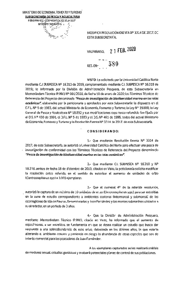 Res Ex N° 580-2020, Modifica Resolución Exenta N° 3314 de 2017, de esta Subsecretaría (Publicado en Página Web 25-02-2020).