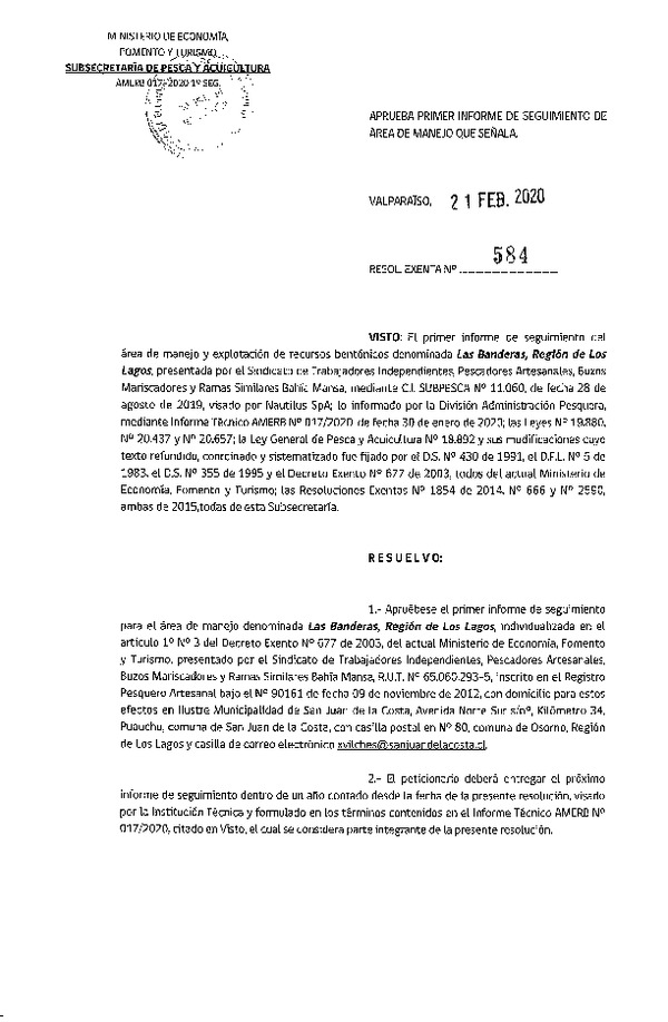 Res Ex N° 584-2020 Aprueba Primer Informe de Seguimiento de Área de manejo