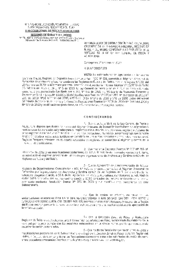 Res Ex N° 0015-2020, (DZP VIII), Autoriza cesión de Sardina Común y Anchoveta entre organización RAE y armador artesanal, Regiones de Núble y del BioBio, Conforme a lo dispuesto en el artículo 55 N de la ley general de Pesca y Acuicultura (Publicado en Página Web 25-02-2020).