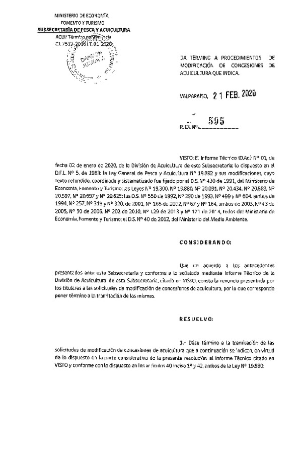 Res Ex N° 595-2020, Da Término a Procedimientos de Modificación de Concesiones de Acuicultura que indica (Publicado en Página Web 25-02-2020).