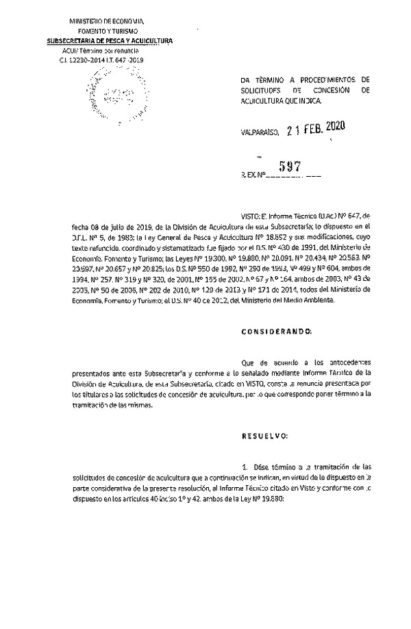 Res Ex N° 597-2020, Da Término a Procedimientos de solicitudes de Concesión de Acuicultura que indica (Publicado en Página Web 25-02-2020).