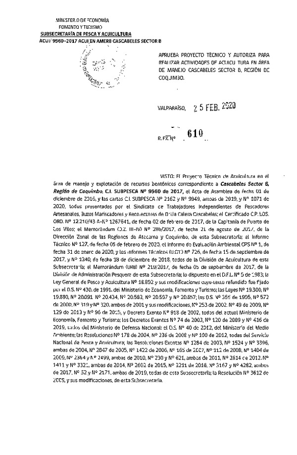 Res. Ex N° 610-2020, Aprueba proyecto técnico y autoriza para realizar actividades en Área de manejo Cascabeles Sector B, Región de Coquimbo Publicado en Página Web 27-02-2020).