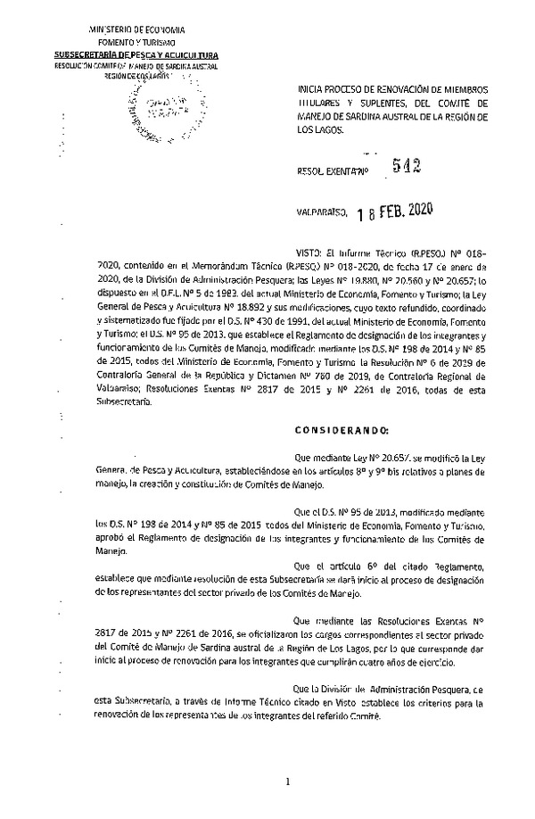 Res. Ex. 542-2020 Inicia proceso de renovación de miembros titulares y suplentes, del Comité de manejo Sardina austral