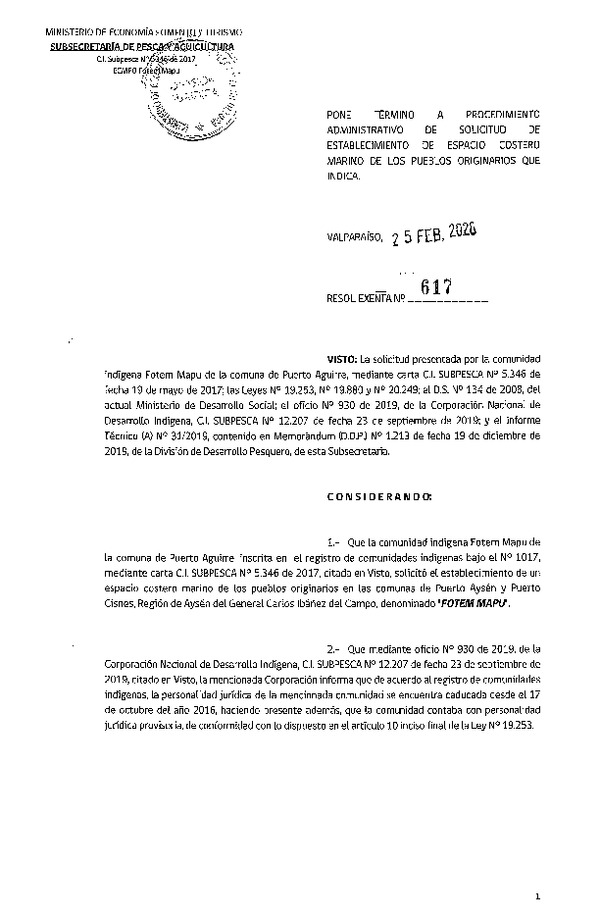 Res Ex N° 617-2020, Pone término a procedimiento administrativo de solicitud de establecimiento de Espacio costero Marino de los Pueblos Originarios que indica (Publicado en Página Web 27-02-2020).