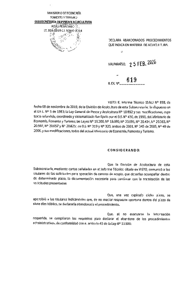 Res Ex N° 619-2020, Declara abandonados los procedimientos de acuicultura que indica (Publicado en Página Web 28-02-2020).
