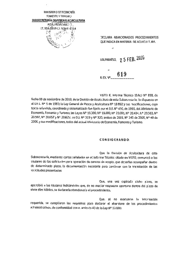 Res Ex N° 619-2020, Declara abandonados los procedimientos de acuicultura que indica (Publicado en Página Web 28-02-2020).