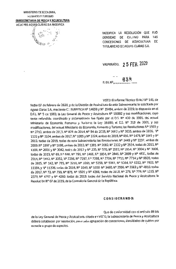 Res Ex N° 638-2020, Modifica la Resolución que fijó Densidad de cultivo para las concesiones de Acuicultura de titularidad de Aguas Claras S.A (Publicado en Página Web 28-02-2020).