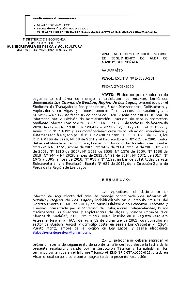 Res Ex N° E-2020-101, Aprueba décimo primer informe de seguimiento de Área de Manejo que señala (Publicado en Página Web 28-02-2020).