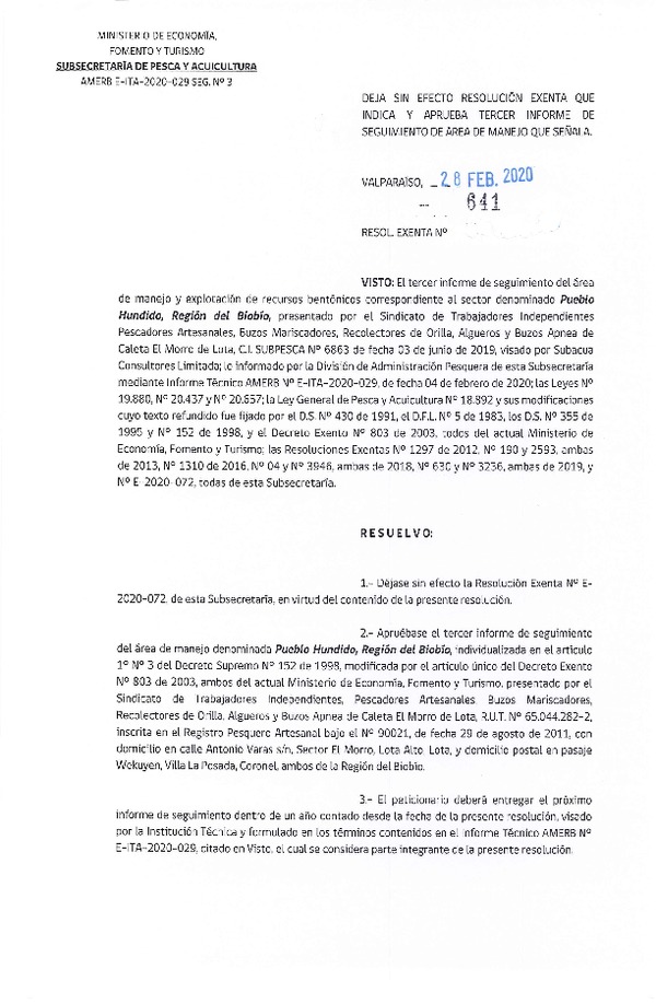 Res Ex N° 641-2020, Deja sin efecto Resolución Exenta que indica, y Aprueba Tercer Informe de Seguimiento de Área de Manejo que señala (Publicado en Página Web 28-02-2020).