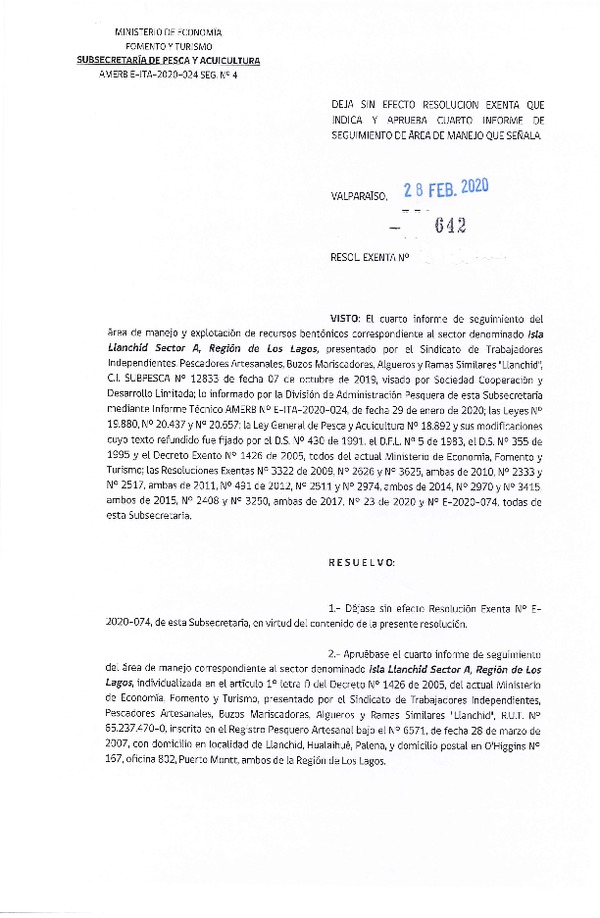 Res Ex N° 642-2020, Deja sin efecto Resolución Exenta que indica, y Aprueba Cuarto Informe de Seguimiento de Área de Manejo que señala (Publicado en Página Web 28-02-2020).