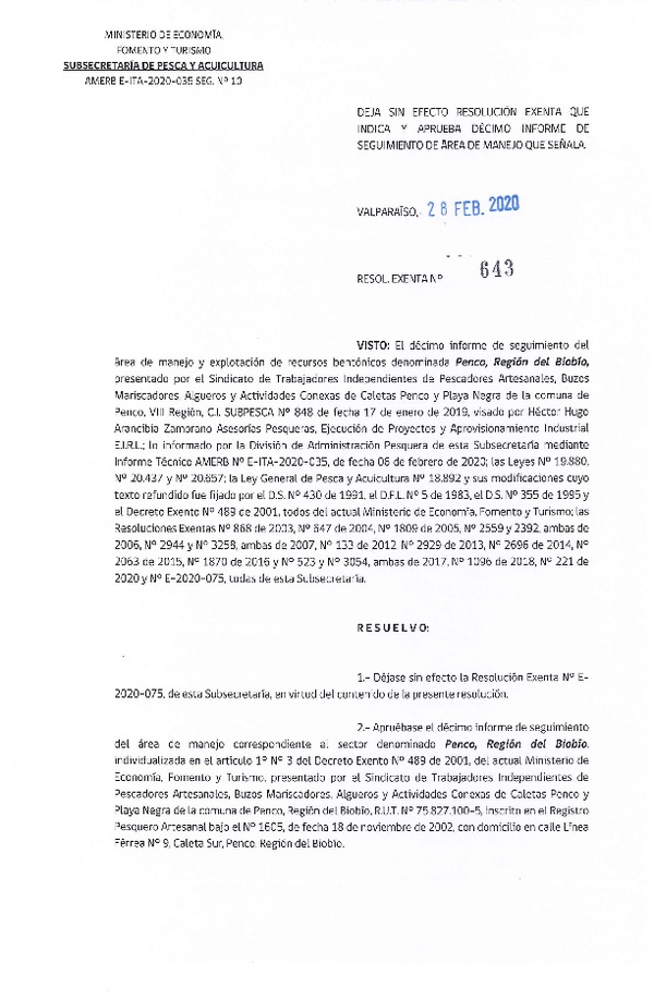 Res Ex N° 643-2020, Deja sin efecto Resolución Exenta que indica, y Aprueba décimo Informe de Seguimiento de Área de Manejo que señala (Publicado en Página Web 28-02-2020).