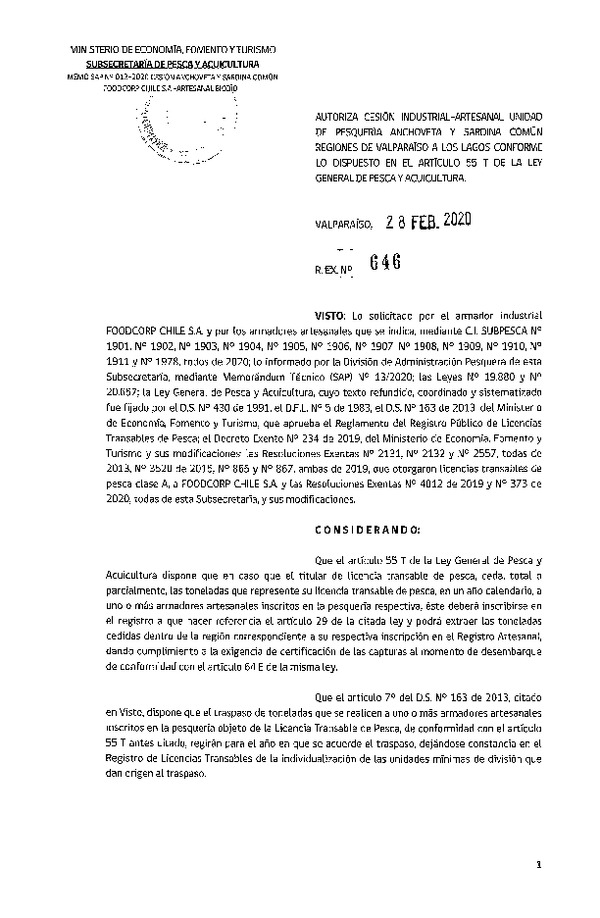 Res. Ex N° 646-2020, Autoriza Cesión Industrial-Artesanal unidad de pesquería Anchoveta y Sardina Común Regiones Valparaíso-Los Lagos (Publicado en Página Web 02-03-2020)