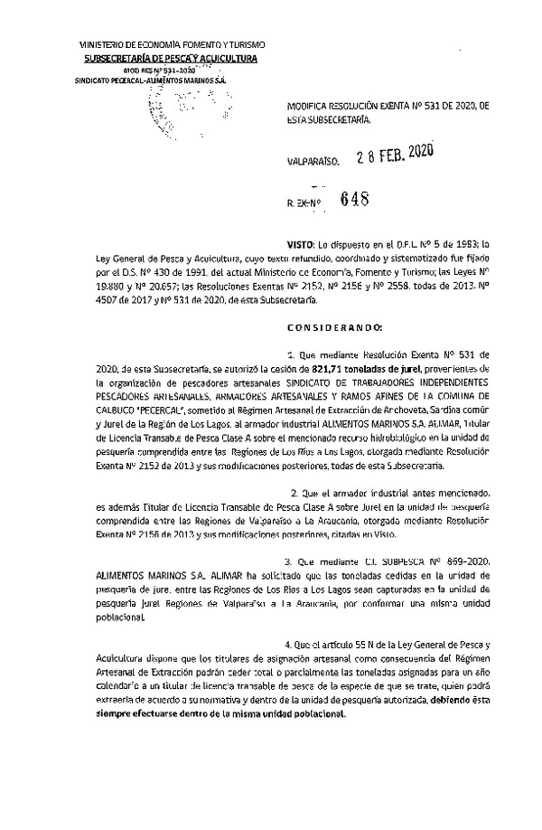 Res. Ex. N° 648-2020 Modifica Res. Ex N° 531-2020, Autoriza Cesión de Jurel entre organización RAE región de Los Lagos, (Publicado en Página Web 02-03-2020)