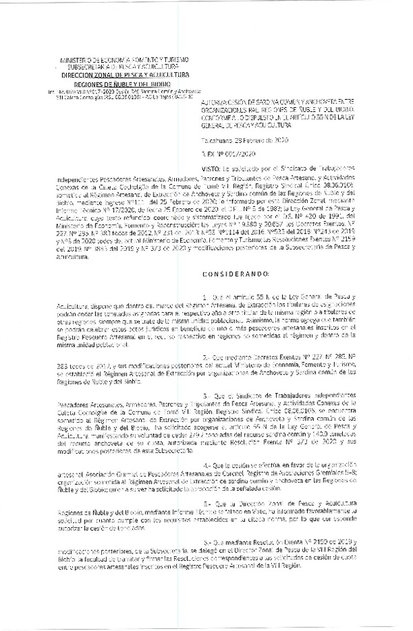 Res Ex N° 0017-2020, (DZP VIII), Autoriza cesión Sardina Común Región de Ñuble-Biobío (Publicado en Página Web 02-03-2020)
