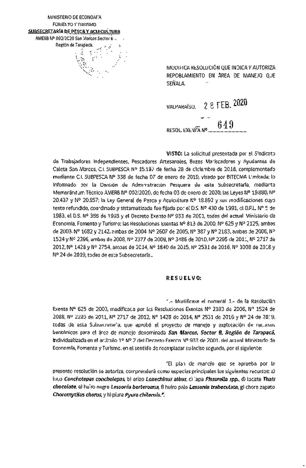 Res. Ex. N° 649-2020 Autoriza Repoblamiento. (Publicado en Página Web 02-03-2020)