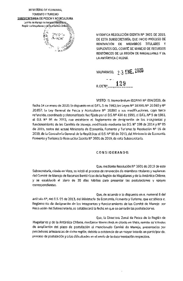 Res. Ex. N° 129-2020 Modifica Res. Ex. N° 3601-2019 Inicia Proceso de Renovación de Miembros Titulares y Suplentes, del Comité de manejo de Recursos Bentónicos de la Región de Magallanes y de la Antártica Chilena. (Publicado en Página Web 23-01-2020) (F.D.O. 03-02-2020)