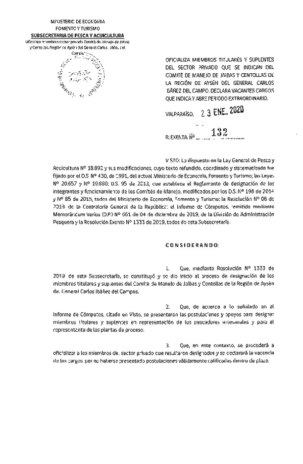 Res. Ex. N° 132-2020, Oficializa a Miembro Titular y Suplente del Sector Privado que se Indica del Comité de Manejo de Jaibas y Centollas, Regiones de Aysén del General Carlos Ibáñez del Campo. (Publicado en Página Web 23-01-2020) (F.D.O. 03-02-2020)