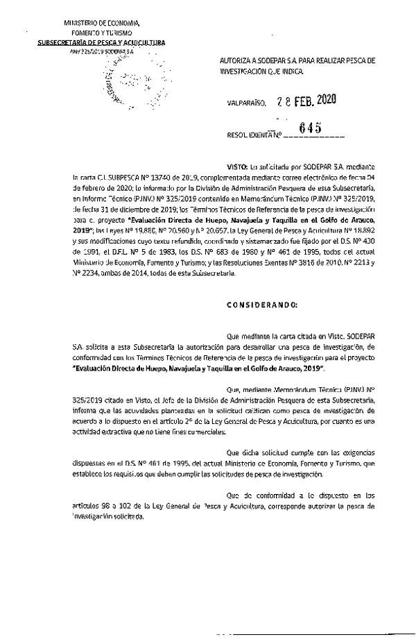 Res. Ex. N° 645-2020 Evaluación directa de Huepo, Navajuela y Talquilla en el Golfo de Arauco. (Publicado en Página  Web 03-03-2020)