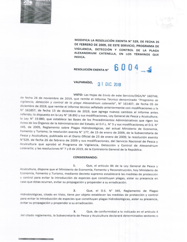 Res. Ex. N° 6004-2019 (Sernapesca) Modifica el Programa de vigilancia, detección y control de la plaga Alexandrium catenella