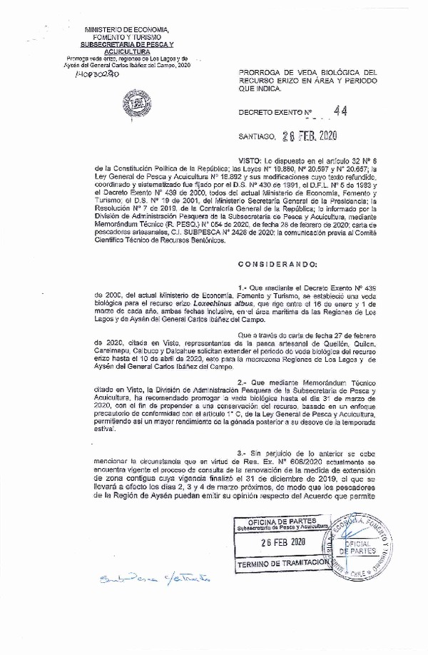 Dec. Ex. N° 44-2020 Prorroga de Veda Biológica del Recurso Erizo, Regiones de Los Lagos y Aysén del Genetral Carlos Ibáñez del Campo. (Publicado en Página Web 03-03-2020) (F.D.O. 06-03-2020)