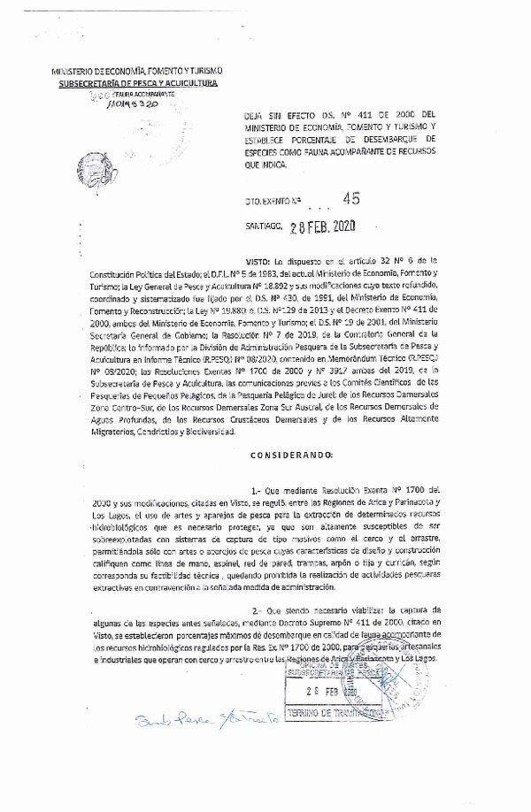 Dec. Ex. N° 45-2020 Deja sin Efecto D.S. N° 411-2000 y Establece Porcentaje de Desembarque de Especies Como Fauna Acompañante de Recursos que Indica. (Publicado en Página Web 03-03-2020) (F.D.O. 06-03-2020)