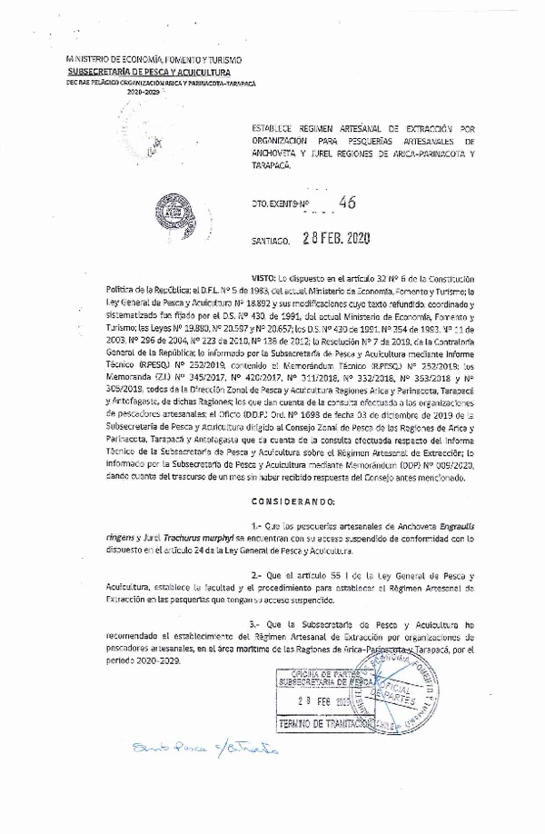 Dec. Ex. N° 46-2020 Establece Régimen Artesanal de Extracción Por Organización para Pesquerías Artesanales de Anchoveta y Jurel, Regiones de Aríca-Parinacota y Tarapacá. (Publicado en Página Web 03-03-2020) (F.D.O. 06-03-2020)