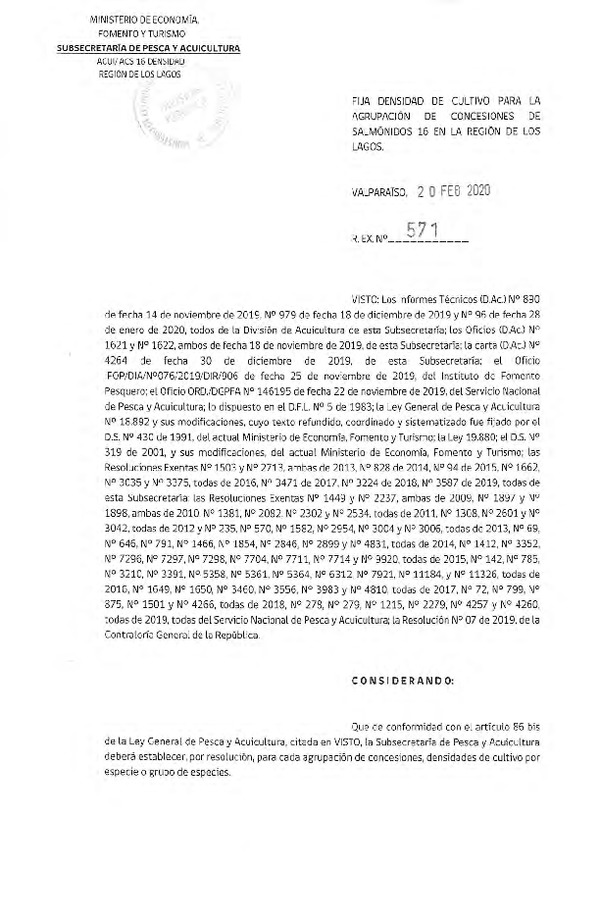 Res. Ex. N° 571-2020, Fija Densidad de Cultivo para la Agrupación de concesiones de Salmónidos 16, en la Región de Los Lagos. (Con Informe Técnico) (F.D.O. 27-02-2020).