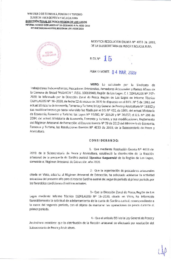 Res. Ex. N° 15-2020 (DZP Los Lagos) Modifica Res. Ex. N° 4033-2019, Distribución de la Fracción Artesanal de Pesquería de Sardina Austral, Región de Los Lagos, Año 2020. (Publicado en Página Web 04-03-2020).