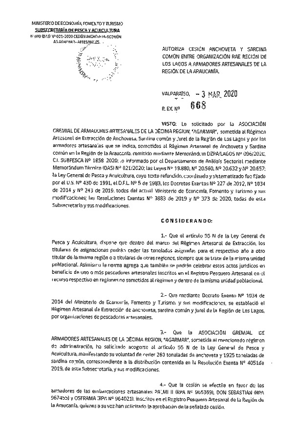 Res. Ex. 668-2020 Autoriza cesión Anchoveta y Sardina común Región de Los Lagos a Región de La Araucanía. (Publicado en Página Web 04-03-2020).