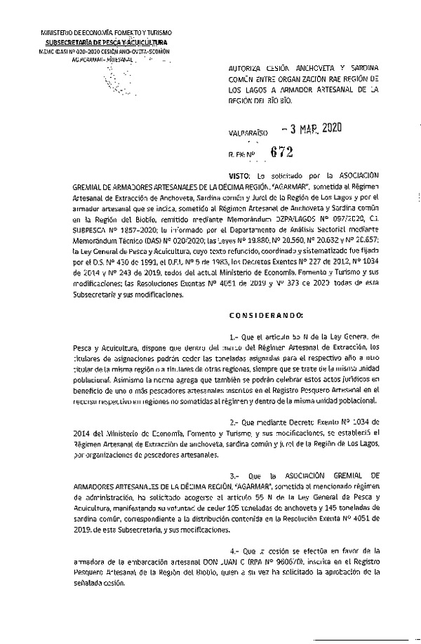 Res Ex N° 672-2020, Autoriza cesión de Anchoveta y Sardina común Región de Los Lagos a Región del Biobío (Publicado en Página Web 04-03-2020).