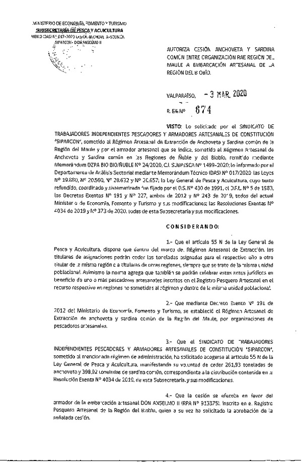 Res Ex N° 674-2020, Autoriza cesión de Anchoveta y Sardina común Región del Maule a Región del Biobío (Publicado en Página Web 04-03-2020).