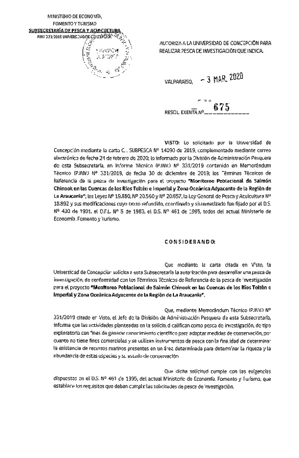 Res. Ex. N° 675-2020 Monitoreo poblacional de Salmón Chinook, Región de La Araucanía. (Publicado en Página web 04-03-2020).