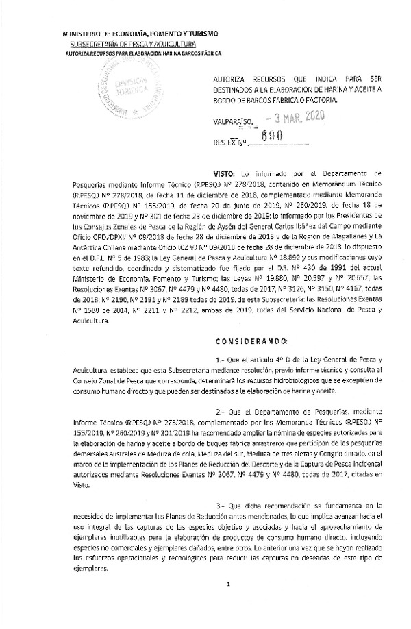 Res. Ex. N° 690-2020 Autoriza Recursos que Indica para ser Destinados a la Elaboración de Harina y Aceite a Boro de Barcos Fábrica o Factoría. (Publicado en Página Web 04-03-2020) (F.D.O. 10-03-2020).