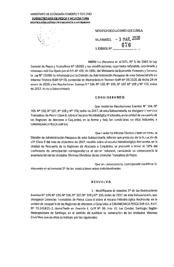 Res. Ex. N° 676-2020 Modifica Resoluciones que Señala. (Publicado en Página Web 04-03-2020).