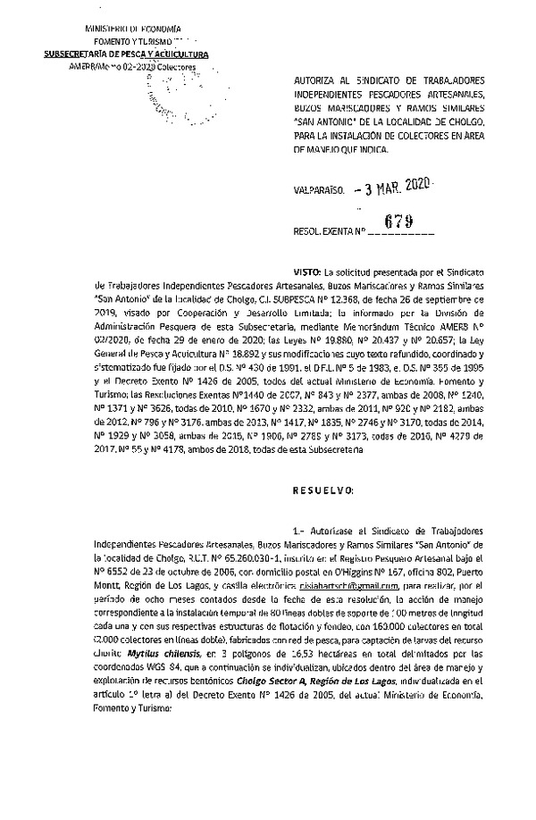 Res. Ex. N° 679-2020 Autoriza Instalación de Colectores. (Publicado en Página Web 04-03-2020).