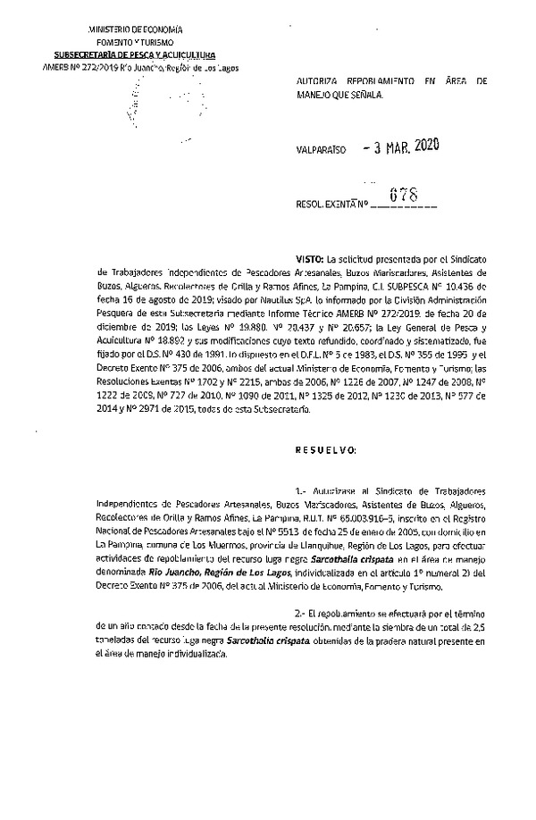 Res. Ex. N° 678-2020 Autoriza Repoblamiento. (Publicado en Página Web 04-03-2020).