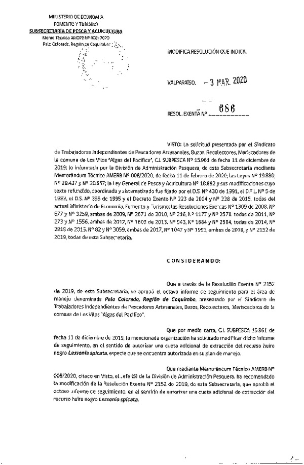 Res. Ex. N° 686-2020 Modifica Res. Ex. N° 2152-2019 (Publicado en Página Web 04-03-2020).