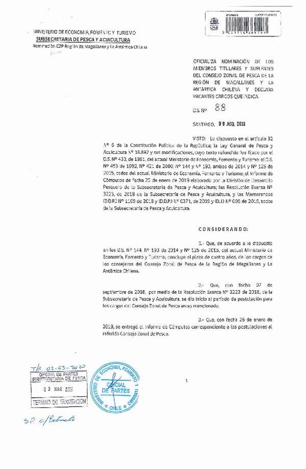 D.S. 88-2019 Oficializa Nominación de los Miembros Titulares y Suplentes del Consejo Zonal de Pesca de la Región de Magallanes y La Antártica Chilena y Declara Vacante Cargo que Indica. (Publicado en Página Web 09-03-2020) (F.D.O. 07-03-2020)