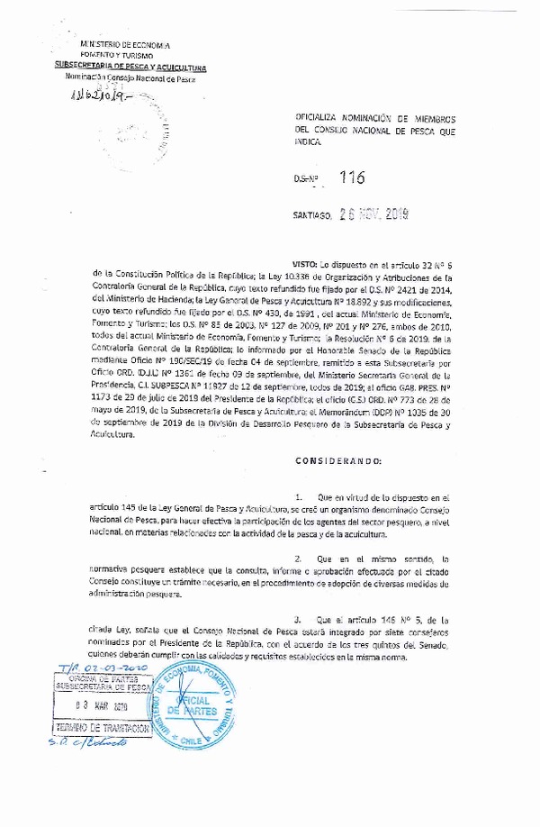 D.S. N° 116-2019 Oficializa Nominación de Miembros Consejo Nacional de Pesca que Indica. (Publicado en Página web 09-03-2020) (F.D.O. 07-03-2020)