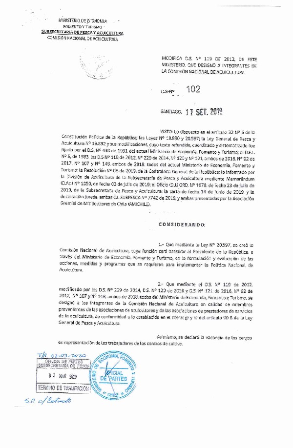 D.S. N° 102-2019 Modifica D.S. N° 119-2012, de Este Ministerio, que Designó a integrantes de la Comisión Nacional de Acuicultura. (Publicado en Página Web 09-03-2020) (F.D.O. 07-03-2020)