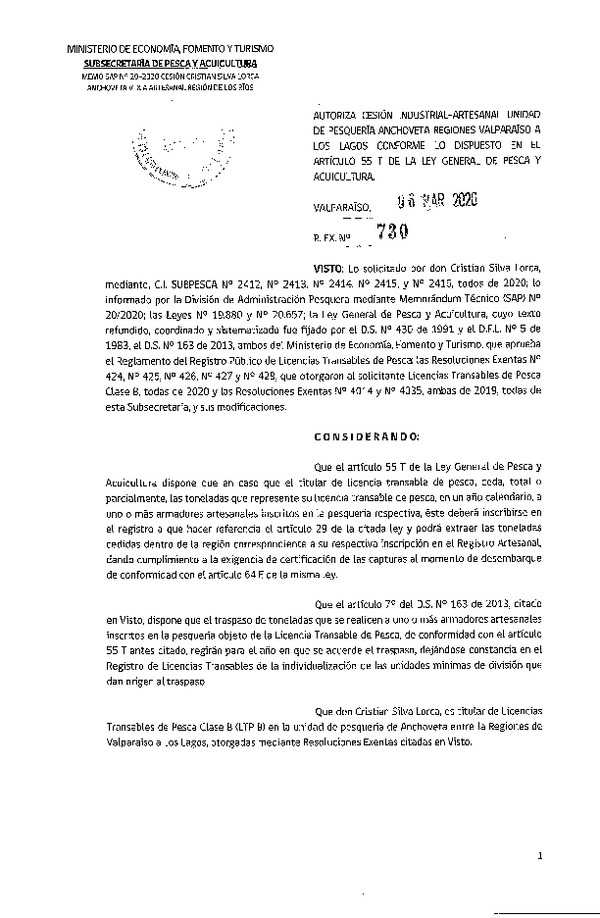 Res Ex N° 730-2020, Autoriza cesión de pesquería Anchoveta Regiones de Valparaíso a Los Lagos. (Publicado en Página Web 09-03-2020).