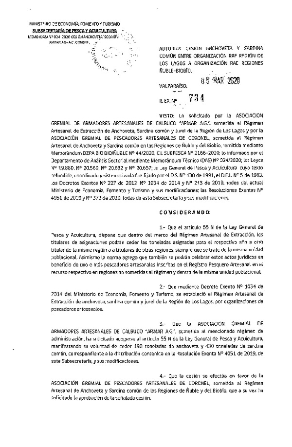 Res Ex N° 734-2020, Autoriza cesión de pesquería Anchoveta y sardina común Regiones de Los Lagos a Ñuble-Biobío. (Publicado en Página Web 09-03-2020).