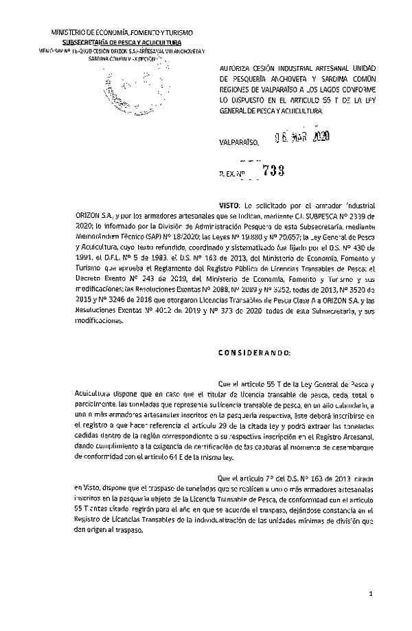 Res. Ex N° 733-2020, Autoriza Cesión anchoveta y sardina común Regiones Valparaíso-Los Lagos (Publicado en Página Web 09-03-2020).