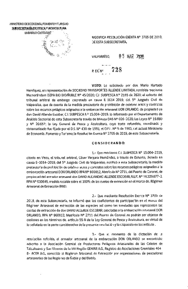 Res. Ex. N° 728-2020 Modifica Res. Ex. N° 3705-2019 Informa lo que Indica para Los Efectos del Artículo 55 N de la LGPA. (Publicado en Página Web 09-03-2020).