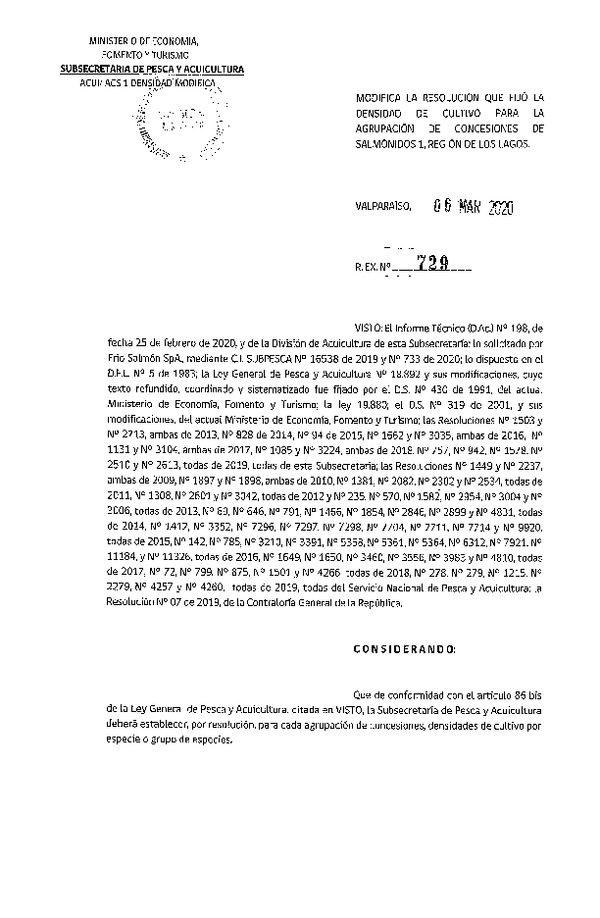 Res. Ex. N° 729-2019 Modifica Res. Ex. N° 757-2019 Fija Densidad de Cultivo para la Agrupación de Concesiones de Salmónidos 1, Región de Los Lagos. (Con Informe Técnico) (Publicado en Página Web 10-03-2020) (F.D.O. 16-03-2020)